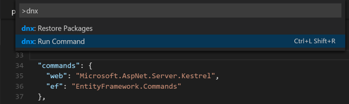 DNX run commands in Command Palette